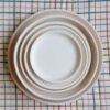 Cinq assiettes rondes blanc cassé sont empilées concentriquement, du plus grand au plus petit, sur une nappe quadrillée aux lignes fines multicolores (marron, bleu, vert, violet).